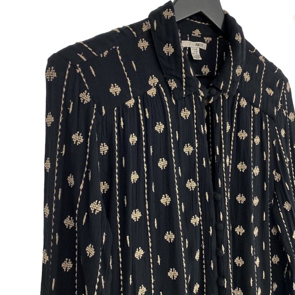 AMUSE SOCIETY Black Cream Embroidered Keyhole Long Sleeve Blouse Size M - Picture 5 of 15